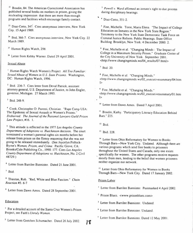 * Boudin, B4, The American Corectional Associaion has published several books on moihers n prison. gving the misleading impression hatthere are more than enough programs and faclies which encourage family contact  ¥ Diaz Coto, 347 Cies anonymess nterview, New York Cty. 15 Aprl 1989  * 19id, 3667, Cites anonymous inerview, New York Ciy. 22 March 1989,  * Homan Rights Waich, 298 * Lette from Kebby Watner, Dated 29 April 2001  Seaual Abuse  * Human Rights Waich Women’s Project. All Too Familiar Seual Abuse of Women in U.S Stae Prisons. Washingion, DC: Human Righis Waich, 1996,  * 1id. 2367, Cits leter from Deval Patick,asistant attomey general, US. Department of Justee, t John Engle, governor, Michigan. 27 March 1995,  i  29,  ¢ Cook. Christopher D. Pareni, Chrsian. “Rape Camp USA’ ‘The Epidemic of Sexual Assaslt in Women’s Prsons Disbarred: The Joural o the Rational Lawyers Guld Prison Law Project,#16. 1  * This atitude s refiected i th 1977 Los Angeles County Depariment of Aduptions vs. Hutchinson decision. The court terminated a womar’s parentalcighs six months before her release from prison onthe limsy reasoning that she was not o 1o be released immediaely. (See Joycelya Pollock- Byme’s Women, Prison, and Crime. Pacfic Grove, CA Brooks/Cole Publishing Co., 1990. 177 Cies Los Angeles County Department o Adoptions vs. Hutchinson, No. 2 Ciil 48729)  © Leter from Barilee Banniser. Dated 21 June 2001 " mid  * Thaxton, Rob. “Red, White and Blue Fascism.* Chain Reaction #5.6.1  * Letter from Dawn Amos. Dated 28 Sepiember 2001  Edusation  * For a deaied account ofthe Sania Cruz Women’s Prison Project, see Fai’s Unruly Women,  * Leter rom Getchen Schumacher. Datet 26 Jly 202 )@  ? Powel v Ward affrmed an inmae’s right to due process during disciphnary hesrings.  * Diaz.Coto, 3512,  * Fine, Michelle Torre, Mari Elens. “The Impactof College Education on Iamaes i the New York State Region.~ Testimony tothe New York State Demcratic Task Force on ‘Couminal Justice Reform. Publc Hearings. Stat Offce Building Brooklyn, New York. 4 December 2000, 2  * Fine, Michele et al. “Changing Minds  The Impctof College in a Maxima Security Prson.* Graduate Centerof the City Univesity of New York. September 2001  chup v changingminds ws/O4_tesuls07 himl>  " mid 20  * Fine. Micheli et a1 <hitp i changingminds w02 >  ‘Changing Minds ~ recuivessmmary/04 him  * Fine, Michelle et al. “Changing Minds ~ <hu i changingmiods w/02_exccutivesummary/0l hum  " Letier from Dawn Amos. Dated 7 April 2001  " Boudin, Kathy. “Panticipatory Licracy Educstion Behind Bars225.  " mig, " I 228,  Letter from Ohio Reformatory for Women to Books ‘Through Bars—New York City. Undated. Altbough there are: various programs which send fee books (0 prisoners throughout the United tates and Canada,only one exiss speciically for women. The other programs receive requests moily from men, lending o the blie that women prisoners neithr organize nor network  * Leter from Ohio Reformatory for Wornen to Books ‘Through Bars—New York City. Daied 17 January 2002  Brison Labor  * Letter from Barrlee Banaister Postmarked 4 April 2002  * Prison Blues. <www prisonbiues com> * Letter from Barriles Bansister. Undated * Letter from Barrilee Bannistr. Undated,  * Letter from Barilee Bannister Dated 12 May 2001 